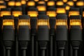 Multiple black Ethernet ports arranged in a row with glowing orange activity lights illustrating a data hub and network managem