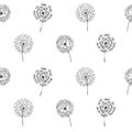 Multiple black outlined dandelions in rows on white background