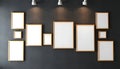 Multiple blank frames arranged symmetrically on dark textured wall for gallery mockup Royalty Free Stock Photo