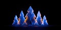 Multiple blue Christmas trees illuminated with bright lights, set against a dark nighttime background. Royalty Free Stock Photo