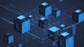 Abstract 3D rendering of interconnected blue cubes with digital data patterns representing network or blockchain Royalty Free Stock Photo