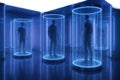 Multiple blue-lit futuristic capsules with human figures inside, placed in a high-tech sci-fi lab environment, evoking cloning or Royalty Free Stock Photo