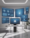Multiple blue-screen monitors displaying healthcare data in a modern office setting with a white desk and a plant Royalty Free Stock Photo