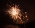 multiple bright pink and yellow fireworks at night