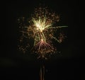 multiple bright yellow green and pink fireworks at night