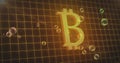 Multiple bubbles floating over grid network against bitcoin symbol in space