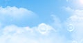 Multiple bubbles with 6g text floating and bursting against clouds in blue sky