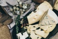 Multiple cheese kinds for making sandwiches. Perfect snack for cheese-lovers. Preparing dairy products for dinner or