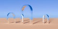 Multiple chrome retro doorframe or portal objects in surreal abstract desert landscape with blue sky background, geometric