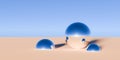 Multiple chrome retro sphere or ball objects in surreal abstract desert landscape with blue sky background, geometric primitive Royalty Free Stock Photo