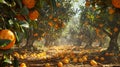 Multiple clusters of ripe oranges hanging from trees in an orchard, AI-generated. Royalty Free Stock Photo