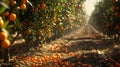 Multiple clusters of ripe oranges hanging from trees in an orchard, AI-generated. Royalty Free Stock Photo