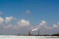 Multiple Coal Fossil Fuel Power Plant Smokestacks Emit Carbon Di