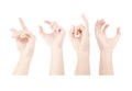 Multiple collection hands in symbol gestures of man`s hand on isolated on white background