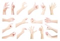 Multiple collection hands in symbol gestures of man`s hand on isolated on white background