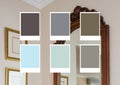 Multiple color shades against view of mirror in the living room