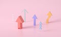 Multiple colorful Arrow growth success 3d rendering, progress way and forward achievement. Abstract Arrows Set Isolated on pink- Royalty Free Stock Photo