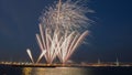 Multiple colorful fireworks burst in the blue sky with distant city lights and sea waater Royalty Free Stock Photo