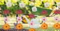 Multiple colorful flowers icons in seamless pattern floating against garden in background