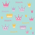 Multiple colourful crowns and squiggles on green background