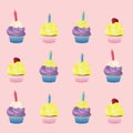 Multiple colourful cupcakes with candles over pink background