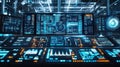 Modern control room monitoring showing charts, data analysis and futuristic user interface Royalty Free Stock Photo