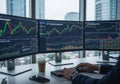 Multiple computer monitors display AI trading algorithms with Royalty Free Stock Photo