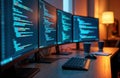 Multiple computer monitors display code. Modern tech workplace. Programmers work in well-lit room at night. Desk shows keyboards,
