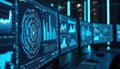 Multiple computer monitors display complex data visualizations, charts. Futuristic screens show analytics, graphs, circular Royalty Free Stock Photo