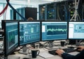Multiple computer monitors display data analytics and waveform Royalty Free Stock Photo