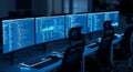 Multiple computer monitors displaying code and data in a dark room computers screens Royalty Free Stock Photo