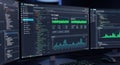 Multiple computer monitors displaying complex data and graphs in a dark room Royalty Free Stock Photo