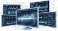 Multiple computer monitors displaying complex financial data charts and graphs with blueprint background Royalty Free Stock Photo