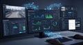 Multiple computer monitors displaying data analytics and graphs in a dark room Royalty Free Stock Photo