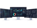 Multiple computer monitors displaying data analytics isolated on white background Royalty Free Stock Photo