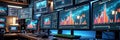 Multiple computer monitors displaying data graphs in a dimly lit room Royalty Free Stock Photo