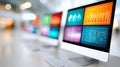 Multiple Computer Monitors Displaying Data Visualizations In Bright Office Setting. Generative AI Royalty Free Stock Photo
