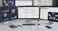 Multiple computer monitors displaying financial charts graphs and spreadsheets on a desk Royalty Free Stock Photo
