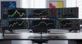 Multiple computer monitors displaying stock market charts and data for trading analysis white background Royalty Free Stock Photo
