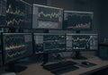 Multiple computer monitors displaying stock market trading charts Royalty Free Stock Photo