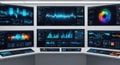 Multiple computer monitors displaying various graphs and charts on a white wall in a futuristic control room with s Royalty Free Stock Photo