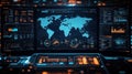 Multiple computer screens display global map data analytics with network visualization, performance statistics. Modern tech Royalty Free Stock Photo