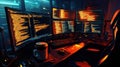 Multiple computer screens displaying code in a dark office environment during night hours Royalty Free Stock Photo
