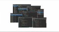 Multiple computer screens displaying coding and file management windows with dark themes and text programming Royalty Free Stock Photo