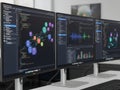 Multiple computer screens displaying complex data visualizations and analytics Royalty Free Stock Photo