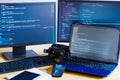 Software developer, freelancer workplace with program code Royalty Free Stock Photo