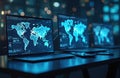 Multiple computers show glowing world maps with data charts and network lines. Laptops and phones display global info on dark Royalty Free Stock Photo
