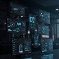 Multiple connected digital screens display complex data visualizations and user Royalty Free Stock Photo