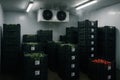 Multiple crates stacked in refrigeration room, each labeled with a QR code for traceable inventory of green leafy vegetables Royalty Free Stock Photo