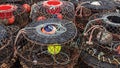 Multiple craypots stacked  on a fishing boat moored at American river Kangaroo Island on May 12th 2021 Royalty Free Stock Photo